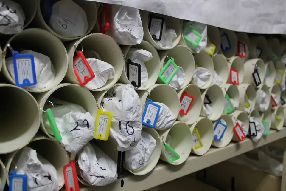 Rows of cardboard tubes on a shelf, each holding a bundle with a coloured numbered tag
