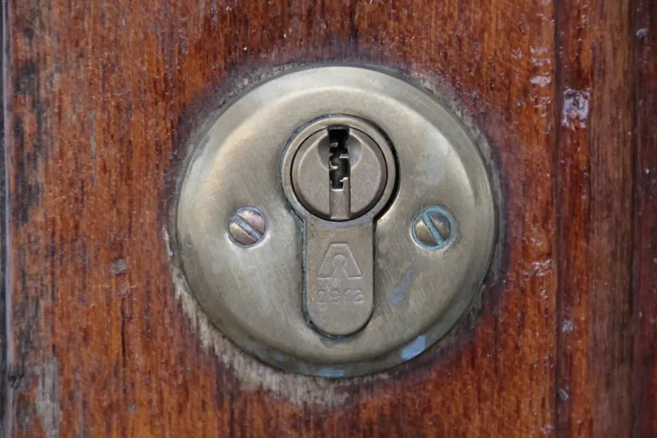 A brass cylinder lock set into an old wooden door