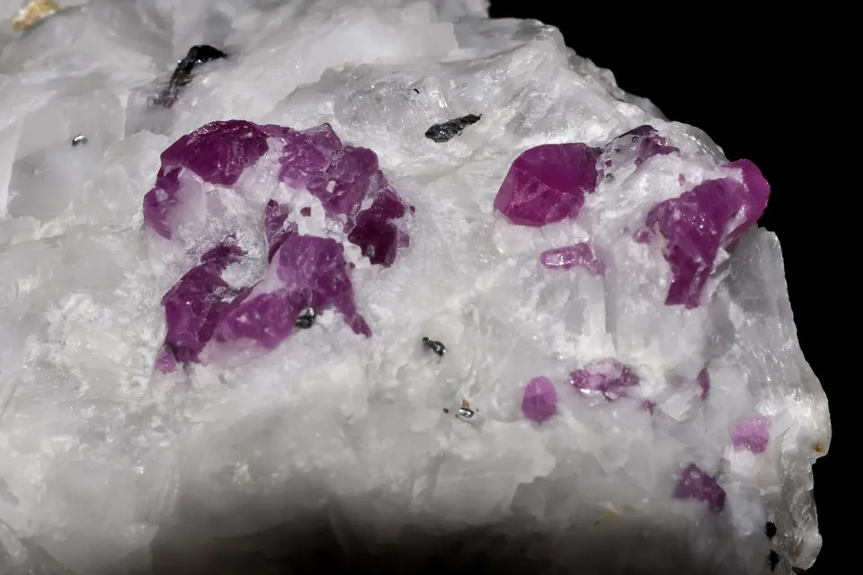 Raw purple-red ruby crystals embedded in white rock